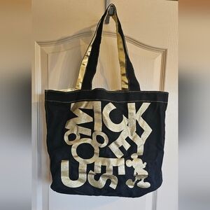 Disney Parks Mickey Mouse Canvas Tote Bag Shoulder Black Gold Glitter